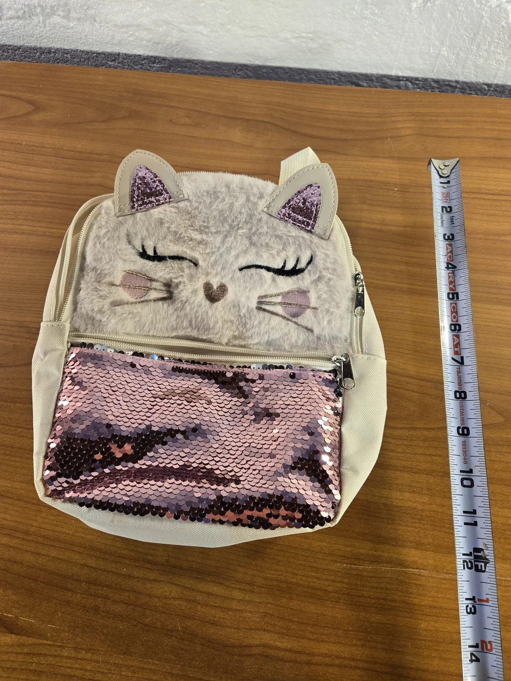 Pink Cat Childsize Backpack Furry Cat Face And Shiny Sequins